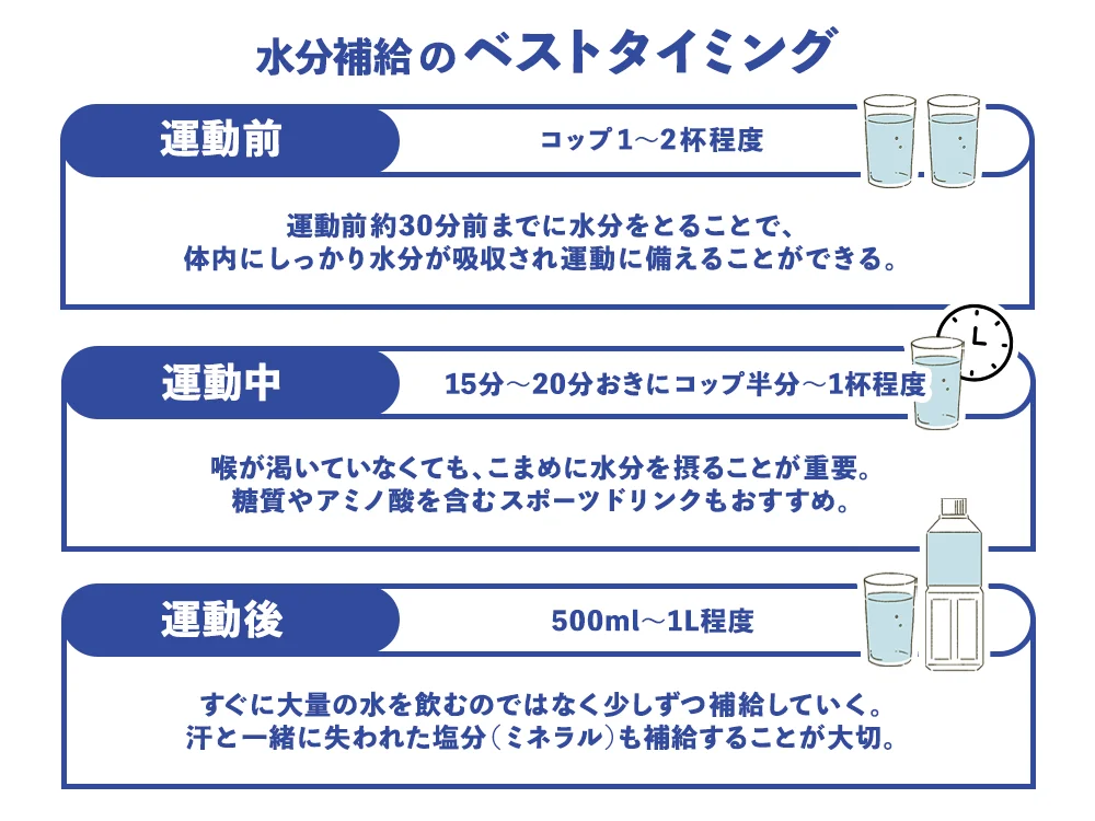 「運動前・運動中・運動後|水分補給のベストタイミング」の画像