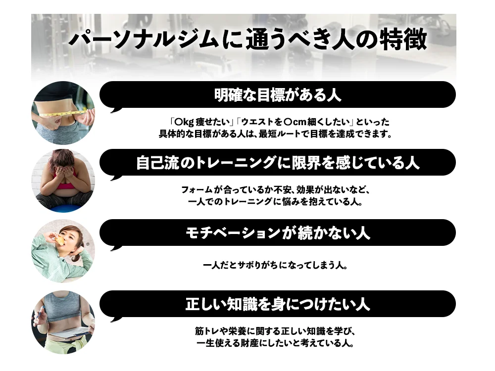 「パーソナルジムに通うべき人の特徴」の画像